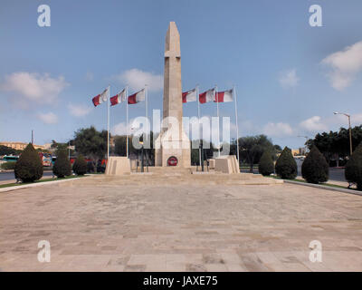 The War Memorial in Floriana was designed by Louis Naudi in the form of five crosses made of hard Gozo stone. Unveiled in 1938 it was designed to commemorate those who lost their lives in World War I it was subsequently modified to commemorate the dead of both world wars. Stock Photo