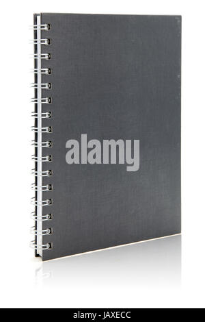 isolated black hard cover notebook with ring binder on white with its reflection Stock Photo