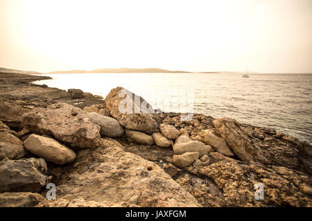 Nightfall in Bugibba in Malta, Europe. Stock Photo