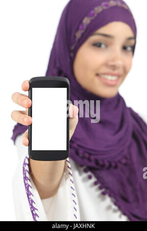 Arab woman displaying an app blank smart phone screen isolated on a white background Stock Photo