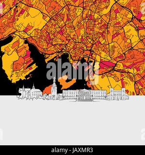 Oslo, Norway, Skyline Map, Modern Colourful Art Print with Historic Cityscape Landmarks Stock Vector