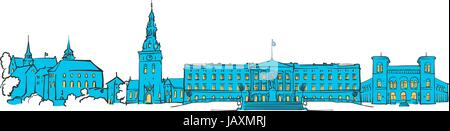 Oslo, Norway, Colored Panorama, Filled with Blue Shape and Yellow Highlights. Scalable Urban Cityscape Vector Illustration Stock Vector