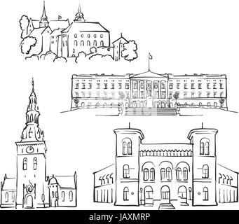 Oslo, Norway, Famous Buildings, Monochrome Outlined Travel Landmarks, Scalable Vector Illustration Stock Vector