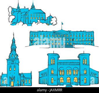 Oslo, Norway, Colored Landmarks, Scalable Vector Monuments. Filled with Blue Shape and Yellow Highlights. Stock Vector