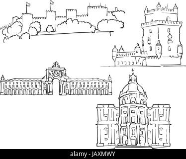 Lisbon, Portugal, Famous Buildings, Monochrome Outlined Travel Landmarks, Scalable Vector Illustration Stock Vector