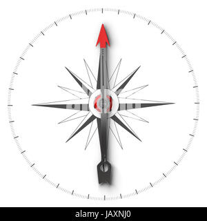 Top view illustration of a compass over white background, symbol of orientation and good direction. Stock Photo