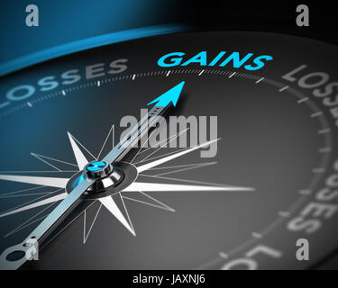 Financial consulting concept. Compass needle pointing the word gains over black background with blur effect Stock Photo