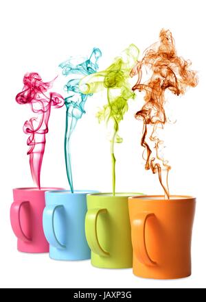 Coffee or beverage cups of different colors with matching color steam Stock Photo