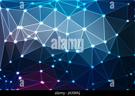 Deep and pale blue abstract low poly geometric background with white triangle mesh and defocused lights. Stock Vector