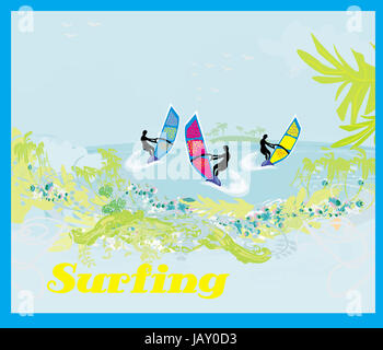 surfers on a sunny day, abstract illustration Stock Photo