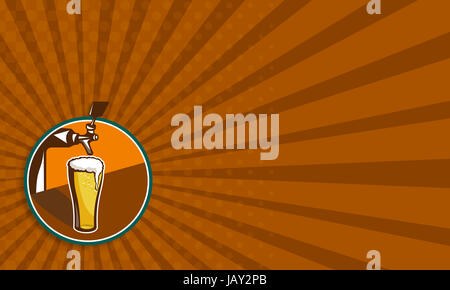 Business card template showing illustration of glass pint of beer with tap in background set inside circle. Stock Photo