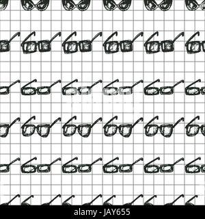 Different glasses types seamless pattern, hand drawn doodle style vector. Black and white sketch illustration on notebook paper background. Stock Vector