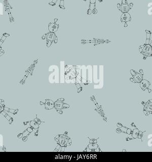 Seamless robot doodle pattern. The concept of science and the future. Cartoon style. Hand-drawn illustration. Stock Vector