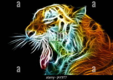 Abstract view of the tiger head with an open mouth. Side view. Black background. Stock Photo