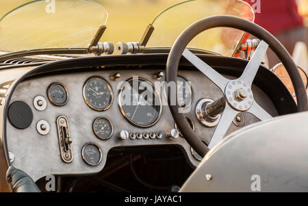 New Delhi, India - February 6, 2016: Cabin / dashboard of a retro Bugatti vintage sports car on display at the 21 Gun Salute International Vintage Car Stock Photo