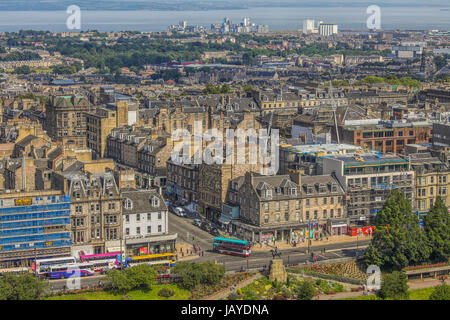 EDINBURGH, UK- JULY 27:Panoramic view on Princes Street and Gardens and view on old town Edinburgh on a summer's day in Scotland. Stock Photo