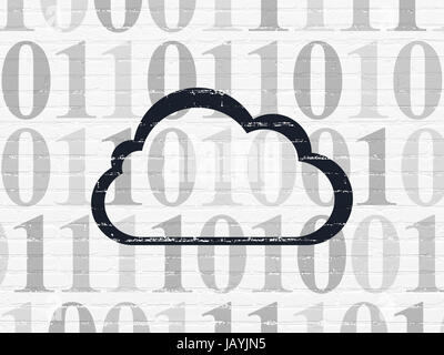 Cloud technology concept: Painted black Cloud icon on White Brick wall background with  Binary Code Stock Photo