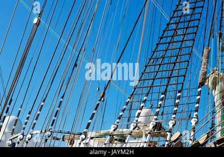 Blocks and rigging at the old sailboat, close-up Stock Photo