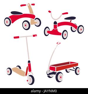 Vintage Kids Toys Bicycle, Kick Scooter, Red Wagon. Vector Stock Vector