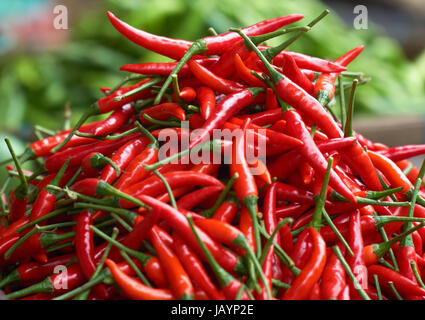 Fresh red chili peppers close up with green peppers in the background blured. Cooking ingredients. Stock Photo