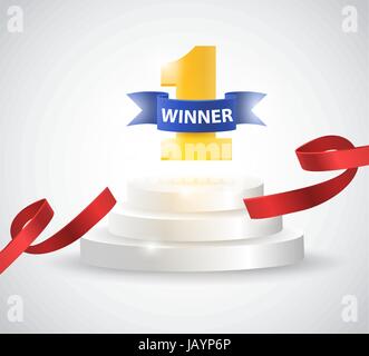 Winner background with red ribbon, on round pedestal isolated on white. Poster or brochure template. Stock Vector