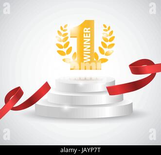 Winner background with red ribbon, on round pedestal isolated on white. Poster or brochure template. Stock Vector