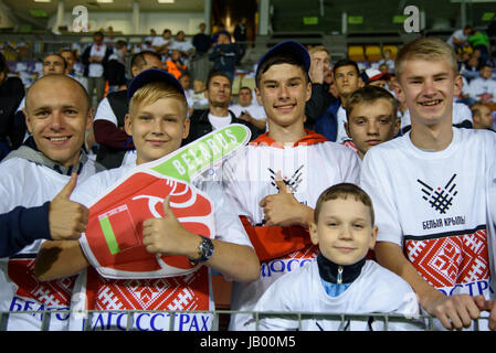 BARYSAW/BELARUS – SEPTEMBER 9, 2016: Supporters of Belarus national football team in match against team of France on September 9, 2016 Stock Photo