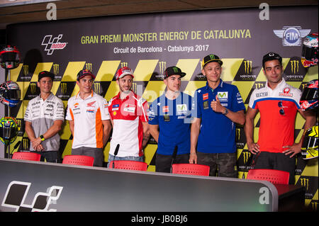 Montmelo, Spain. 08th June, 2017. Press conference before Catalonian Moto GP Grand Prix, Circuit of Montmelo. Thursday, June 08, 2017. In the picture: #19 Alvaro Bautista (Spanish) Pull&Bear Aspar Team Ducati #93 Marc Marquez (Spanish) Repsol Team Honda #4 Andrea Dovizioso (Italian) Ducati Team Ducati #25 Maverick Viñales (Spanish) Movistar Yamaha MotoGP Yamaha #46 Valentino Rossi (Italian) Movistar Yamaha MotoGP Yamaha #9 Danilo Petrucci (Italian) Octo PramC RCing Ducati Credit: Gtres InformCión más ComuniCión on line, S.L./Alamy Live News Stock Photo