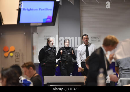 Brighton, UK. 9th June, 2017. Police officers at the counts for Brighton Pavilion , Hove and Brighton Kemptown taking place at the American Express Community Stadium  Photograph taken by Simon Dack/Alamy Live News Stock Photo