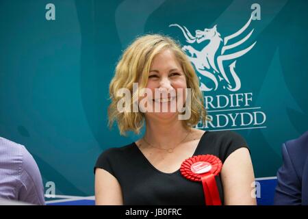 Cardiff, Wales, UK. 09th June, 2017. Labour's Anna McMorrin reacts to being elected MP for Cardiff North, after General Election 2017 vote counting at Sport Wales National Centre, Sophia Gardens. Picture by Credit: Mark Hawkins/Alamy Live News Stock Photo