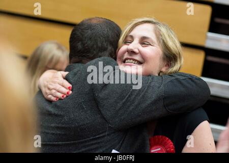 Cardiff, Wales, UK. 09th June, 2017. Labour's Anna McMorrin celebrates being elected MP for Cardiff North after General Election 2017 vote counting at Sport Wales National Centre, Sophia Gardens. Picture by Credit: Mark Hawkins/Alamy Live News Stock Photo