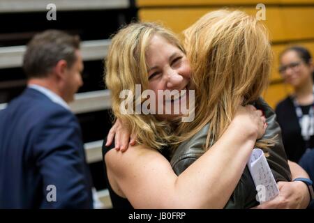 Cardiff, Wales, UK. 09th June, 2017. Labour's Anna McMorrin celebrates being elected MP for Cardiff North after General Election 2017 vote counting at Sport Wales National Centre, Sophia Gardens. Picture by Credit: Mark Hawkins/Alamy Live News Stock Photo