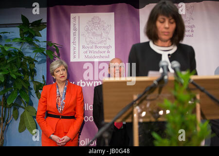 Maidenhead, UK. 9th June, 2017. Theresa May listens to Alison Alexander, returning officer of the Royal Borough of Windsor and Maidenhead, announcing the general election results for the constituency of Maidenhead. Credit: Mark Kerrison/Alamy Live News Stock Photo