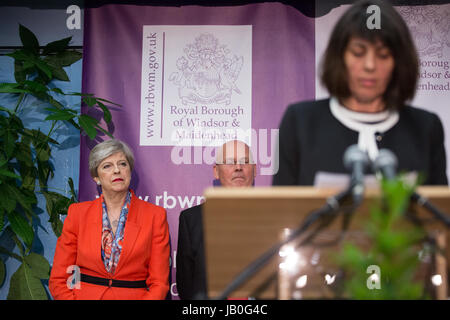 Maidenhead, UK. 9th June, 2017. Theresa May listens to Alison Alexander, returning officer of the Royal Borough of Windsor and Maidenhead, announcing the general election results for the constituency of Maidenhead. Credit: Mark Kerrison/Alamy Live News Stock Photo