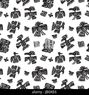 Seamless vector maya pattern. Black and white ethnic elements. Tribal doodles ornament. Abstract ancient symbols birds, animals and faces Stock Vector