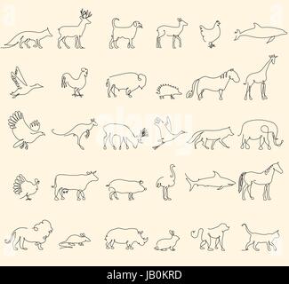One line animals set, logos. vector stock illustration. Turkey and cow, pig and eagle, giraffe and horse, dog and cat, fox and wolf, dolphin and shark, deer and elephant, stork and chicken. Stock Vector