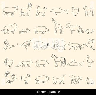 One line animals set, logos. vector stock illustration. Turkey and cow, pig and eagle, giraffe and horse, dog and cat, fox and wolf, dolphin and shark, deer and elephant, stork and chicken. Stock Vector