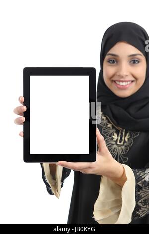 Arab woman showing a tablet display application isolated on a white background Stock Photo