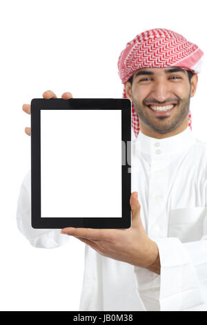 Arab man showing a tablet display app isolated on a white background Stock Photo