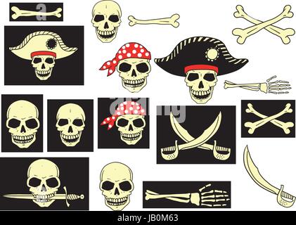 set of carelessly drawn skulls, saber and bones, imitating the style of pirate flag. Each subject has background, to be easier to edit Stock Vector
