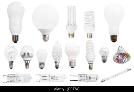 set of incandescent, compact fluorescent, halogen, LED light bulbs isolated on white background Stock Photo