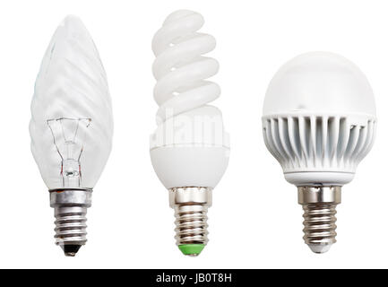 set of incandescent, compact fluorescent, LED light bulbs isolated on white background Stock Photo