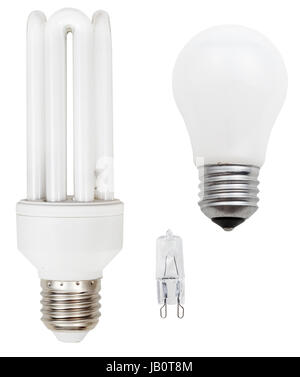 incandescent, tubular compact fluorescent and halogen light bulbs isolated on white background Stock Photo