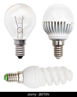 incandescent, helical fluorescent, LED light bulbs isolated on white background Stock Photo