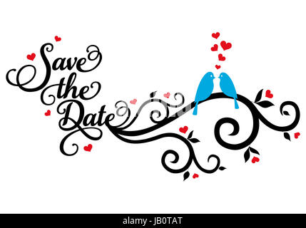 Save the date wedding birds with red hearts, vector illustration Stock Photo