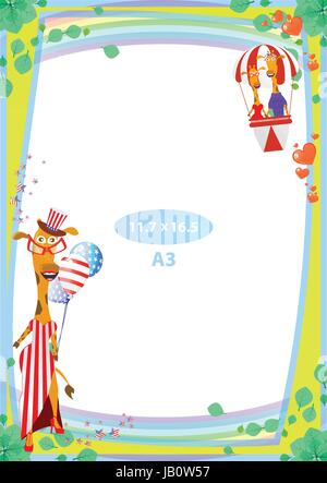 Frame. American day illustration. Independence Day. American flag. For the design. vector. Vertical orientation. Giraffes in a hot air balloon Stock Vector