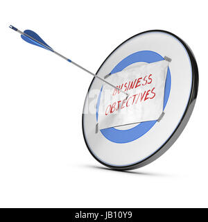 Attain commercial goals concept. A target with a sheet of paper fixed on it where it is handwritten the text business objectives and one arrow hitting the center Stock Photo