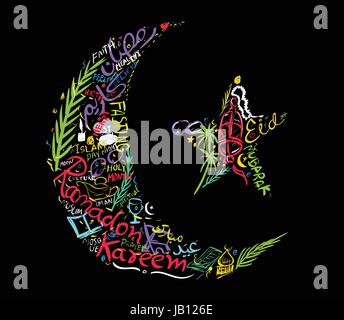 Ramadan and Eid Mubarak. symbols and elements - Hand drawn lettering design in crescent and star shape. Stock Vector