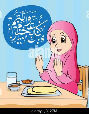 Cartoon of girl is start eating in Ramadan. Islamic Calligraphy, Vector Illustration for Ramadan Kareem Stock Vector