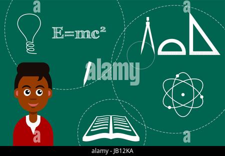 Education concept with African American student on the green background. Boy with a smile at school. Geometry tools, book, idea symbol, atom, chalk Stock Vector